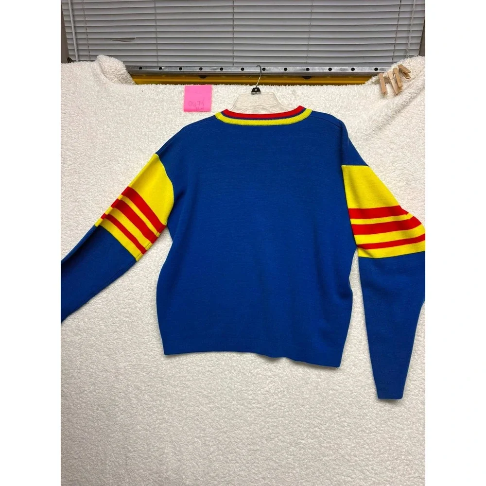 Vintage Color Block Knit Sweater Blue Yellow Red Striped Crewneck Mens XL